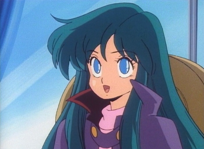 A still from Dream Hunter Rem showing Rem, a woman with long teal hair and blue eyes, wearing a high collared pruple coat with a pink shirt, and sitting in a chair